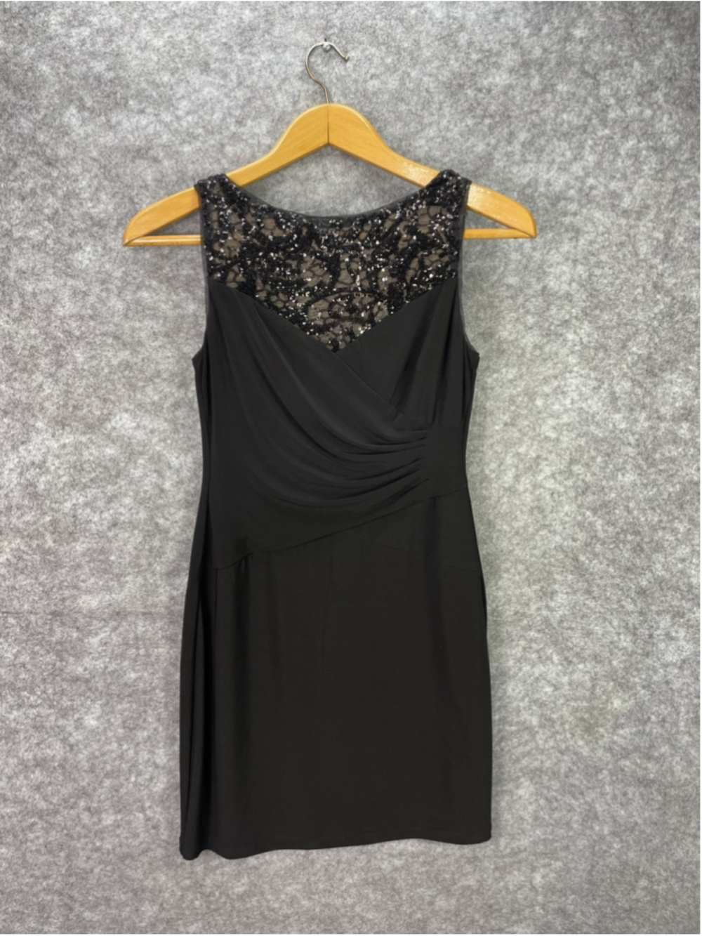 Lauren Ralph Lauren Dress Womens 8P Black Sequin Lace Ruched Knee Sheath Party